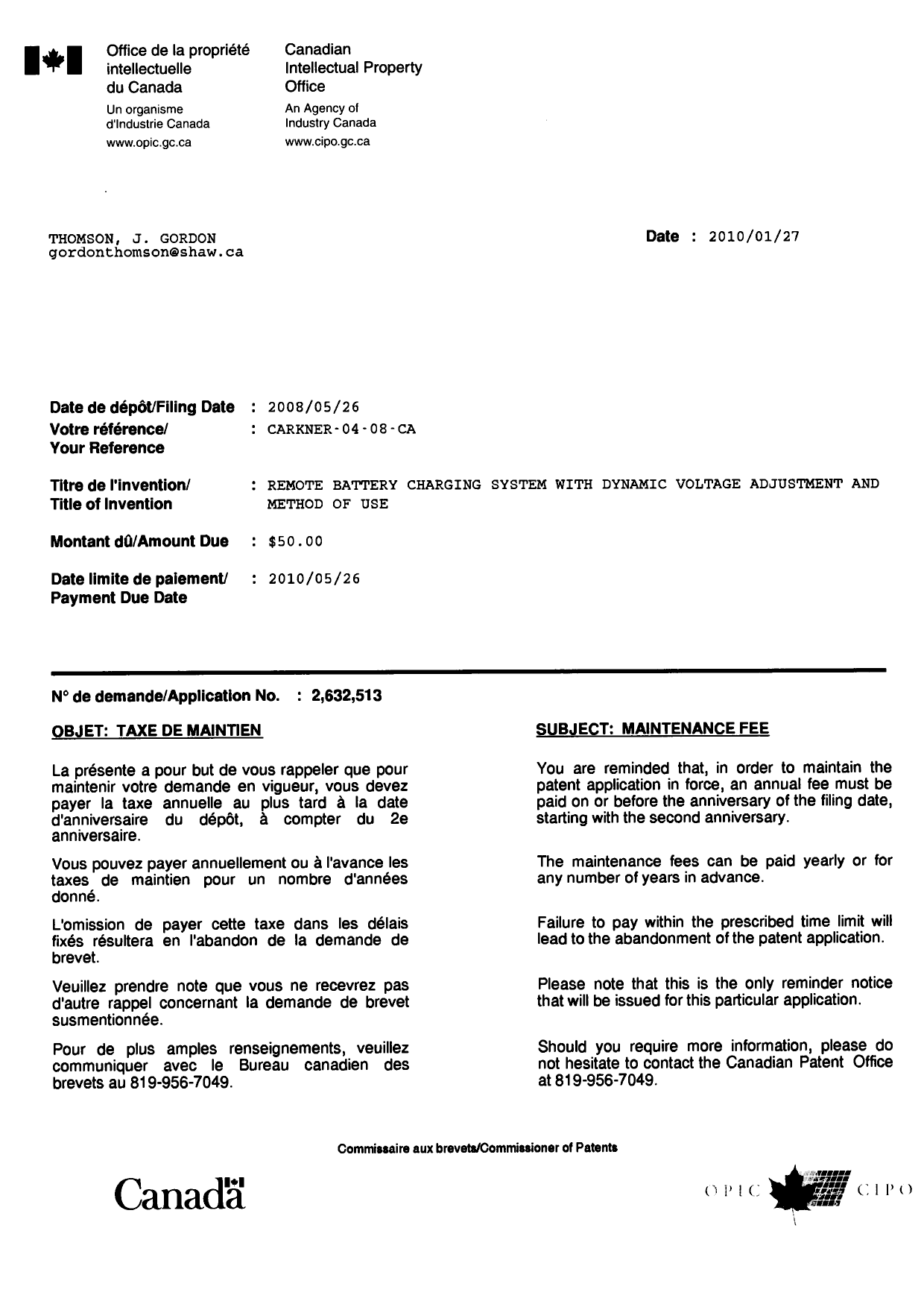 Document de brevet canadien 2632513. Correspondance 20100127. Image 1 de 1