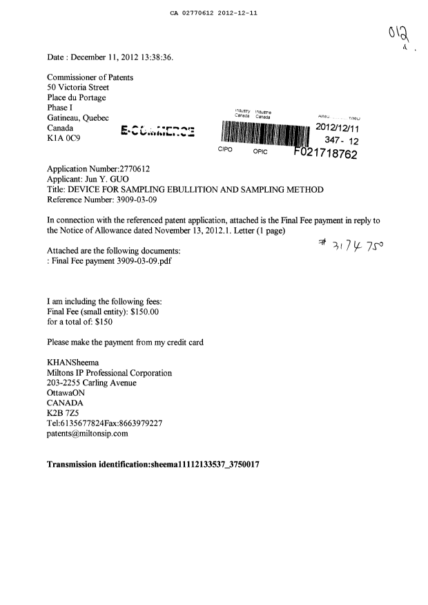 Canadian Patent Document 2770612. Correspondence 20121211. Image 1 of 2