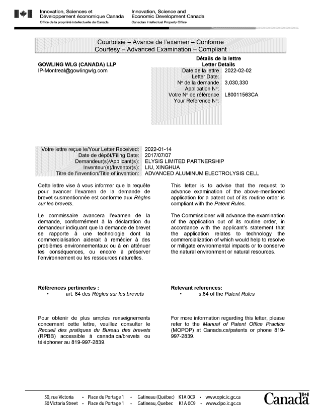 Document de brevet canadien 3030330. Ordonnance spéciale - Verte acceptée 20220202. Image 1 de 1