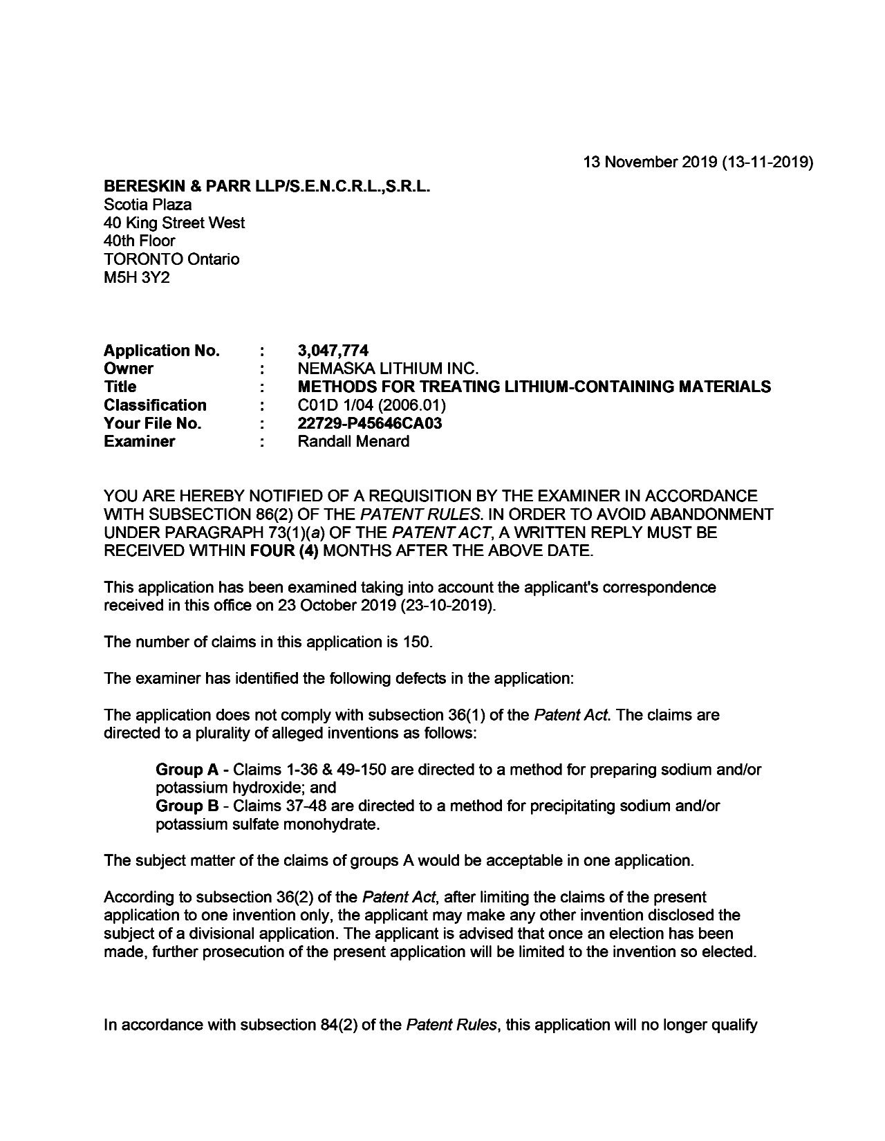 Document de brevet canadien 3047774. Demande d'examen 20191113. Image 1 de 3