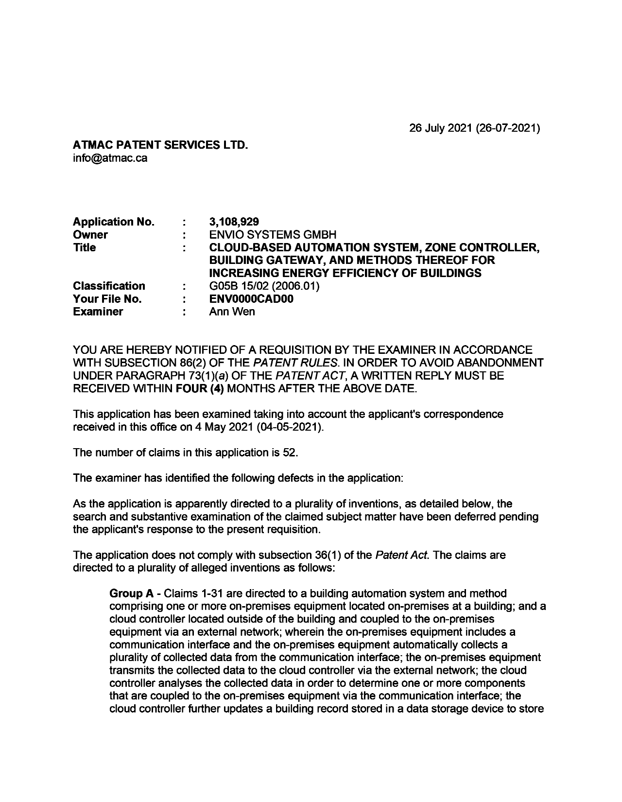 Document de brevet canadien 3108929. Demande d'examen 20210726. Image 1 de 4