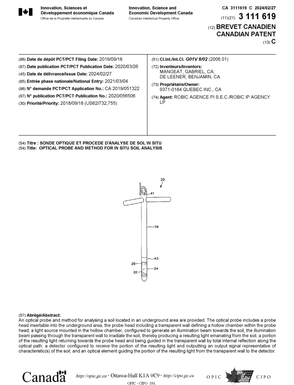 Document de brevet canadien 3111619. Page couverture 20240129. Image 1 de 1