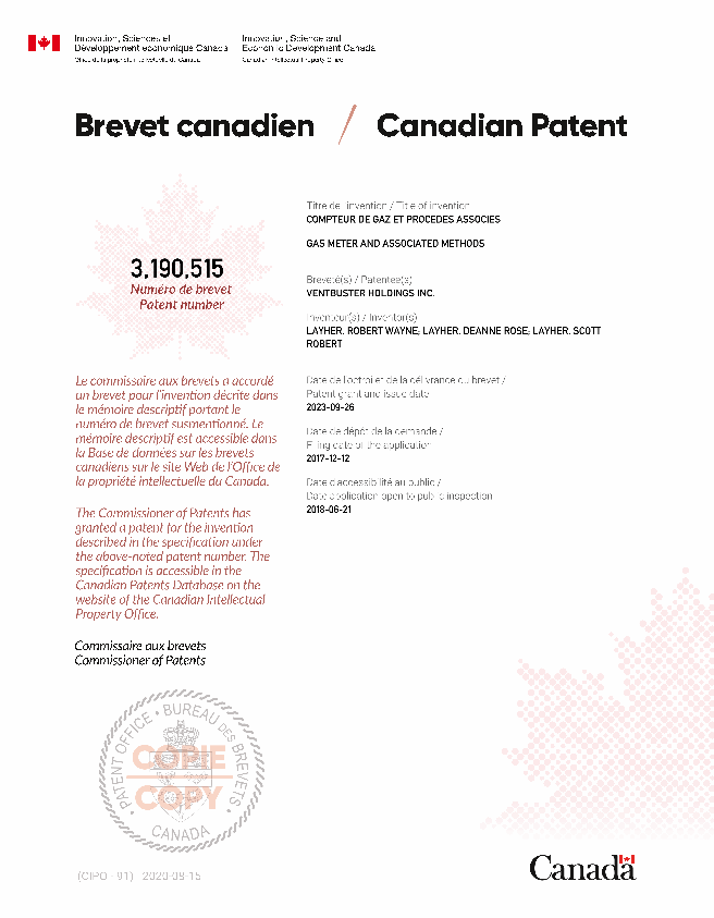 Canadian Patent Document 3190515. Electronic Grant Certificate 20230926. Image 1 of 1